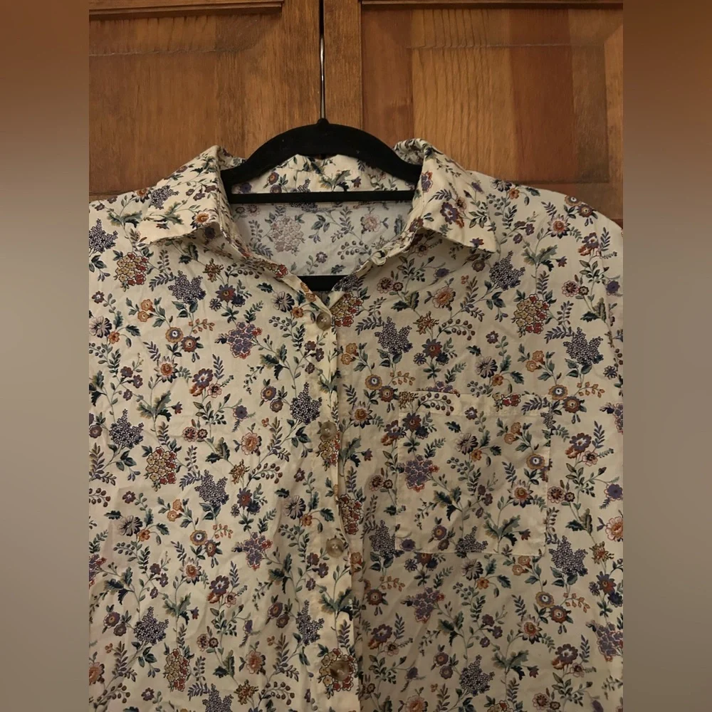 Women's Cream Floral Cotton Bohemian Slouchy Oversized Approx Sz L/XL Blouse